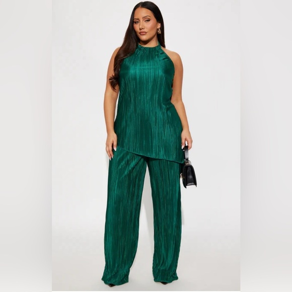 Commense Pants - Elegant Commnse Halter Top Pant Set Emerald Green Plisse Pleated 2pc Size XL